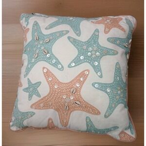 Newport Accent Decorative Throw Pillow Starfish Coastal Beach Sequin Shells